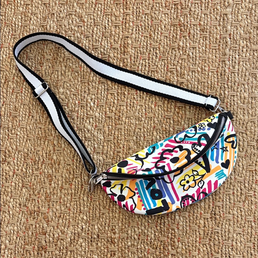 Brighton Multicolor Graffiti-Print Crossbody Belt Bag with Black & White Strap